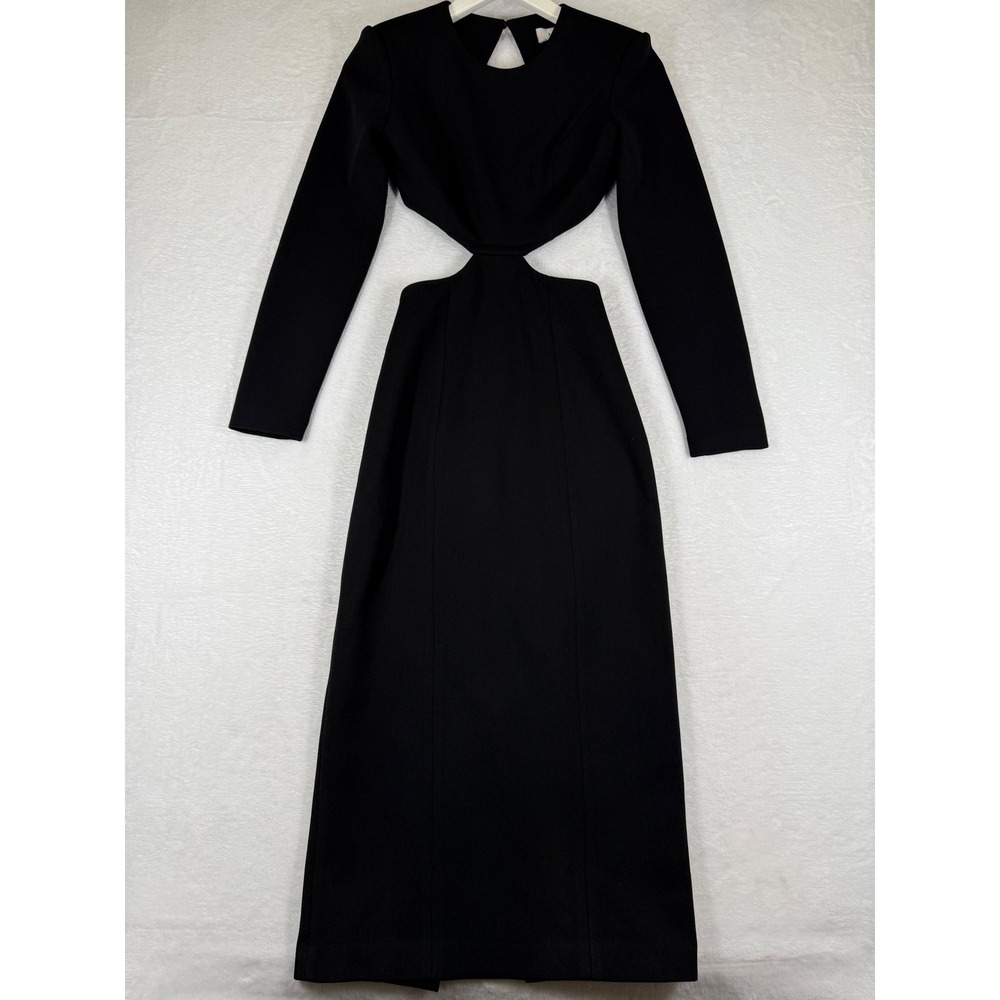 MISHA Black Cut-Out Long Sleeve Maxi Dress US 2 Twist Front Back Slit Round Neck